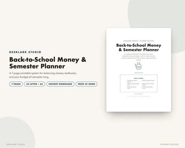 Back-to-School Money & Semester Planner mockup pages -- DeskLark Studio