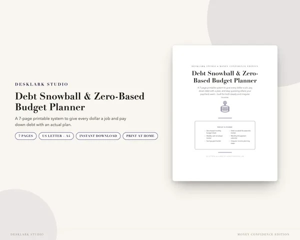Debt Snowball & Zero-Based Budget Planner mockup pages -- DeskLark Studio