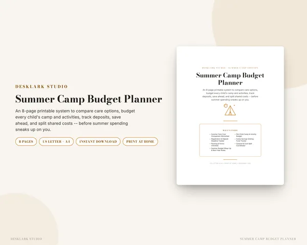 Summer Camp Budget Planner mockup pages -- DeskLark Studio