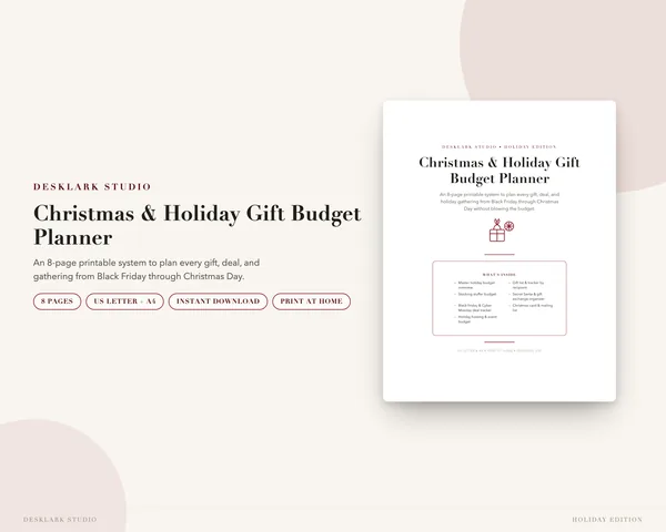 Christmas Budget Planner mockup pages -- DeskLark Studio