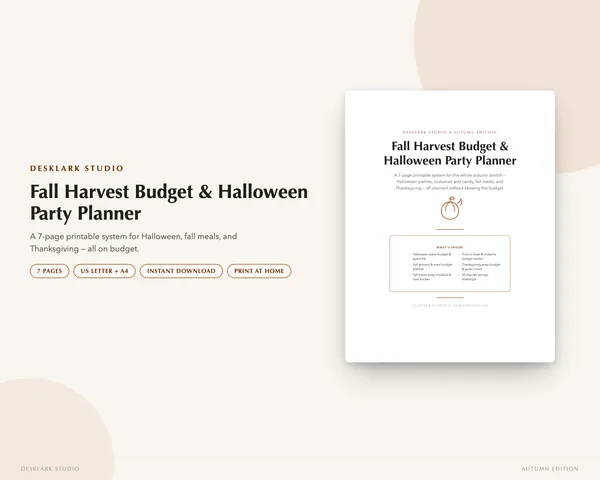 Fall Budget & Halloween Party Planner mockup pages -- DeskLark Studio