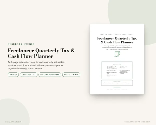 Freelancer Quarterly Tax Planner mockup pages -- DeskLark Studio