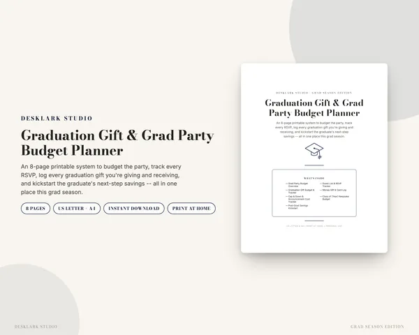 Graduation Gift Budget Planner mockup pages -- DeskLark Studio