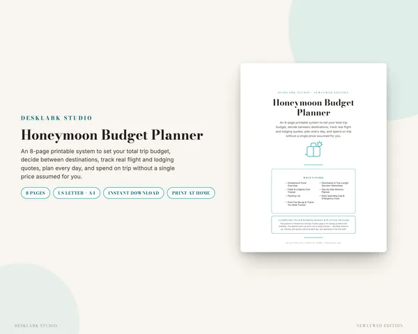 Honeymoon Budget Planner mockup pages -- DeskLark Studio