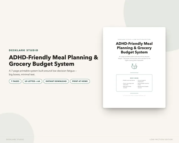ADHD-Friendly Meal Planner mockup pages -- DeskLark Studio