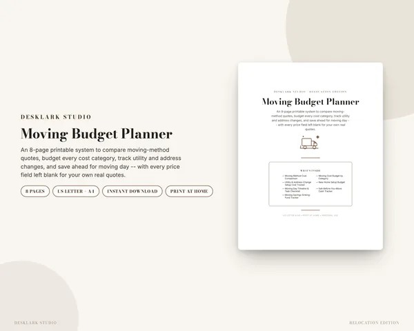 Moving Budget Planner mockup pages -- DeskLark Studio
