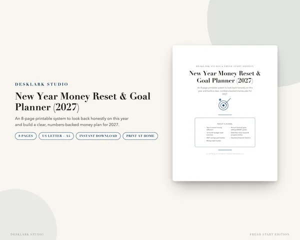 New Year Money Reset Planner mockup pages -- DeskLark Studio