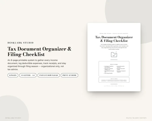 Tax Document Organizer mockup pages -- DeskLark Studio