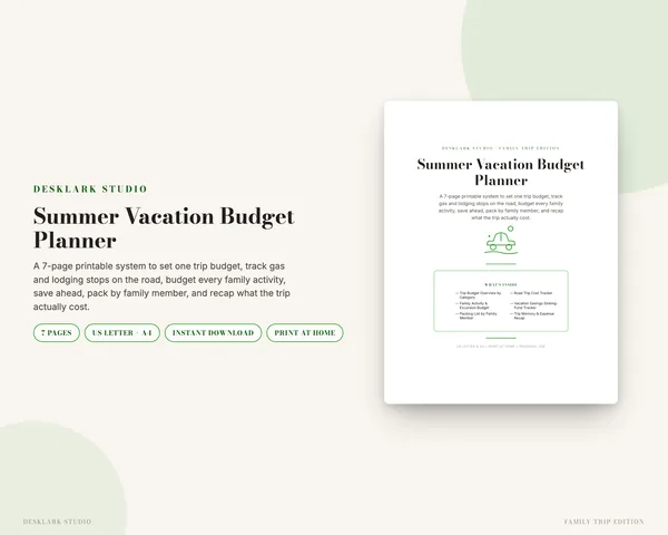 Summer Vacation Budget Planner mockup pages -- DeskLark Studio