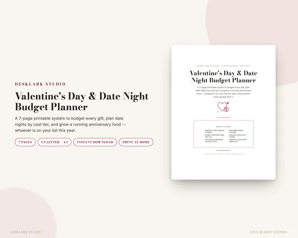 Valentine's Day Budget Planner mockup pages -- DeskLark Studio