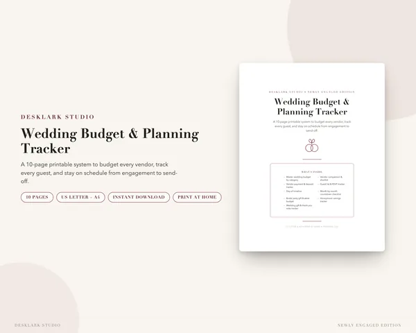 Wedding Budget Planner mockup pages -- DeskLark Studio